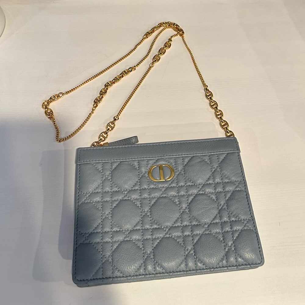 Authentic Christian Dior Caro Every Dior Pouch with chain Blue Cannage